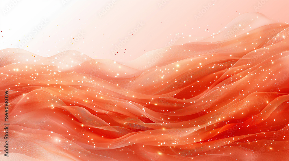 Poster flowing red and peach fabric waves adorned with sparkling particles create a dreamy, ethereal atmosp