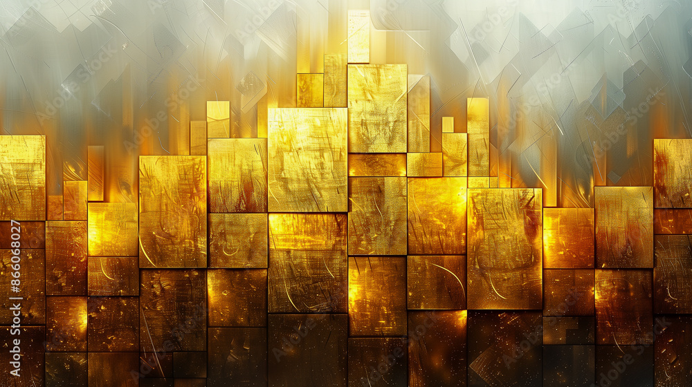 Poster golden rectangles form a glowing abstract cityscape, blending metallic textures with a luminous, mod