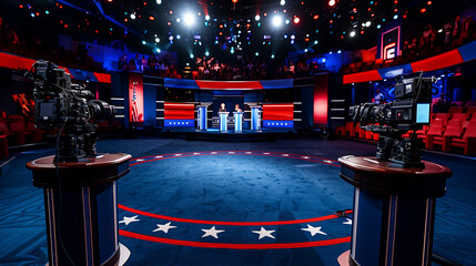 Televised Political Debate Setup with Cameras and Podiums