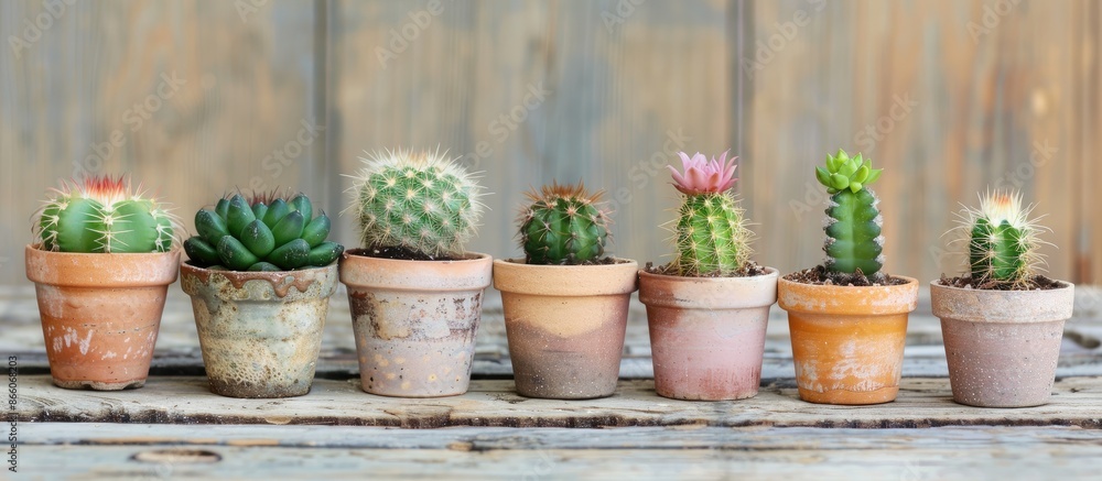 Poster a collection of small cacti in pots set on a wooden garden table creates an ornamental plant backgro