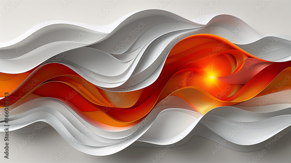 Poster flowing white and orange layers intertwine in a dynamic, abstract design with a vibrant, glowing cen