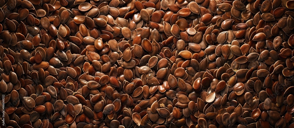 Aufkleber Top view of brown flax seeds with a detailed look. Background and texture visible in the image with empty space available for customization. Copy space image. Place for adding text and design