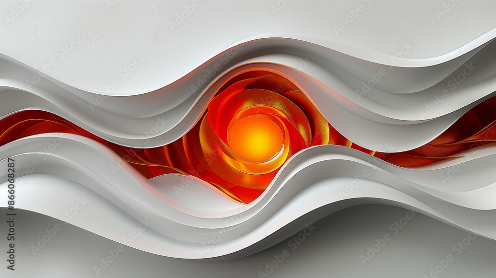 Poster a striking abstract design with flowing white waves and a vibrant orange core, creating a layered ef