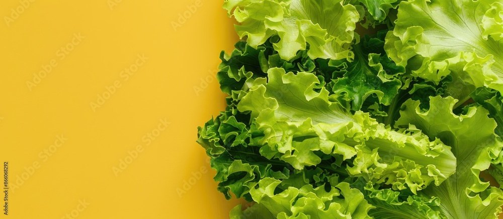 Poster top view of fresh green lettuce leaves on a vibrant yellow background, creating a creative copy spac