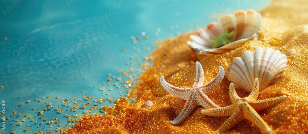 Wall mural Golden sand and underwater elements. Seashell, starfish, and sea pebble. Empty space on the right. Blue background. Concept of summer holiday and traveling.