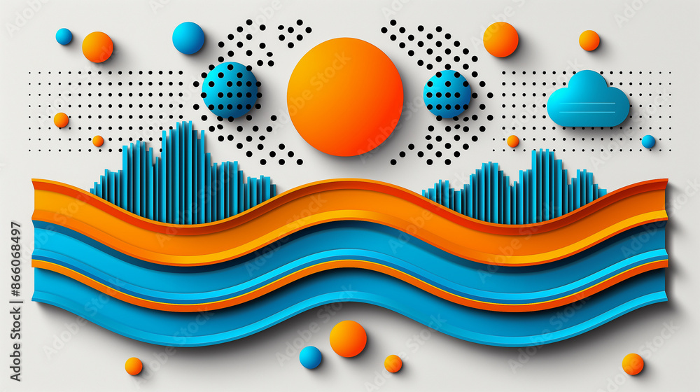 Poster a vibrant abstract design with orange and blue waves, circles, and dotted patterns on a white backgr