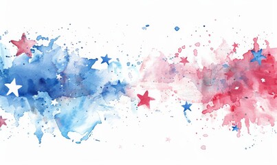 Fototapeta premium Watercolor splashes in red and blue colors with stars. USA national holiday concept background.
