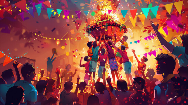 Dahi Handi Celebration. This vibrant illustration captures the joyous spirit of the Dahi Handi celebration, a popular festival in India.