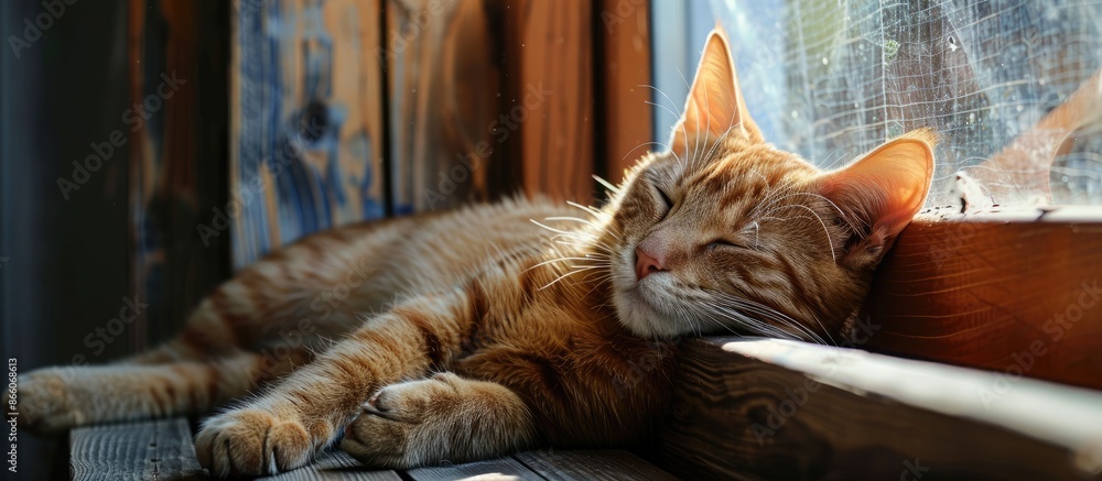 Poster A charming feline lounging at the window with copy space image.