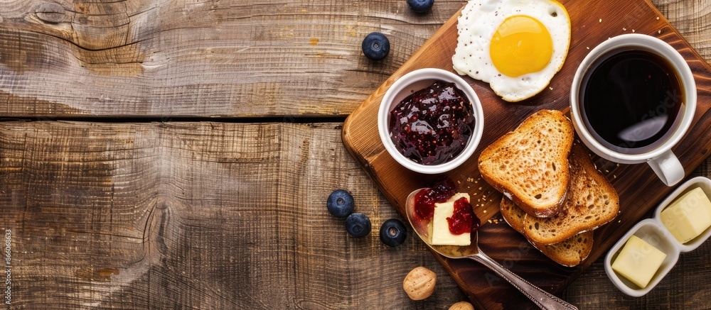 Poster delicious and nutritious breakfast with coffee, jam, and butter, displayed in a captivating copy spa