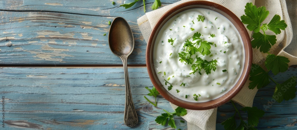 Poster light blue wooden table with a bowl of fresh sour cream topped with parsley and a spoon, ideal for a
