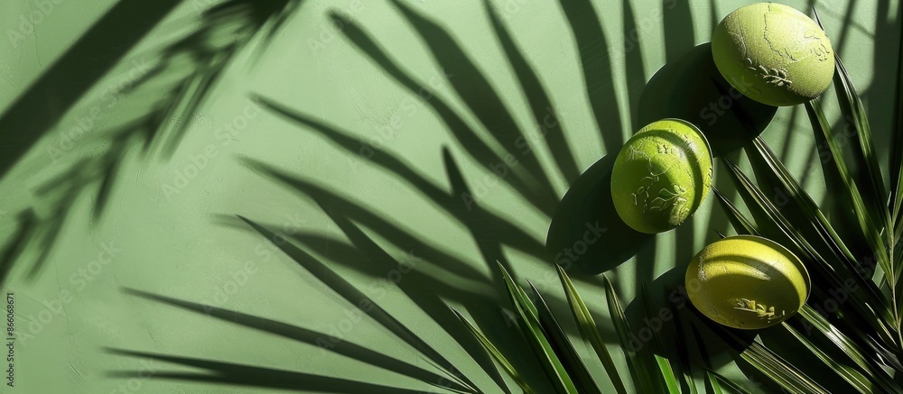 Poster Easter and Palm Sunday concept displayed on a green backdrop with a palm leaf casting a shadow, providing copy space image.