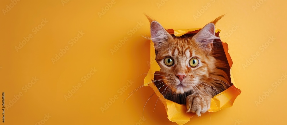 Poster A fluffy red cat with captivating green eyes peeking through a hole in the paper against an orange background, creating a charming copy space image.