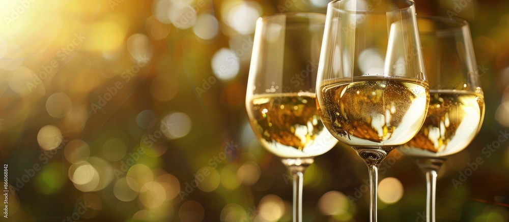 Aufkleber Two glasses of white wine on a blurry background with empty space for text or images. Copy space image. Place for adding text and design