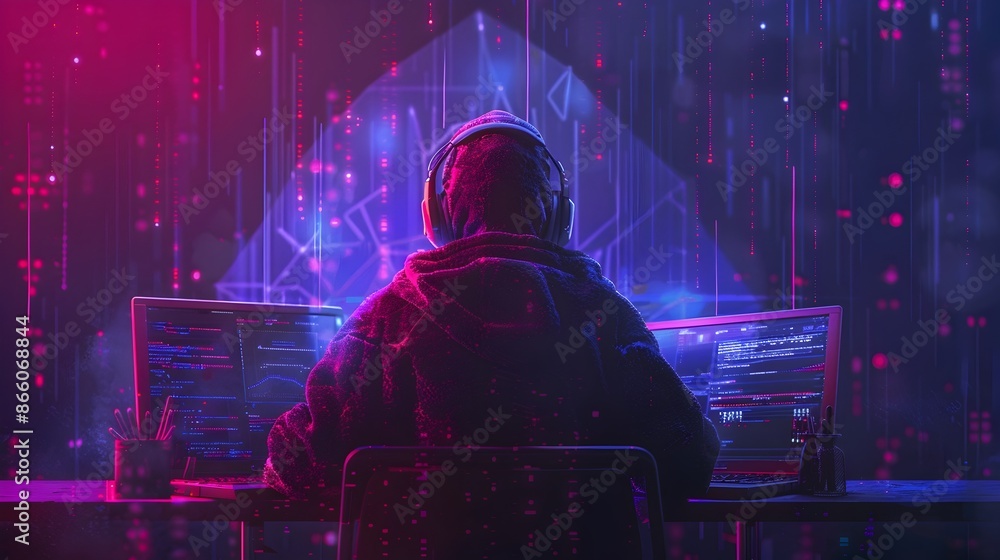 Poster hacker setting up dark web marketplace for digital goods and cryptocurrency transactions