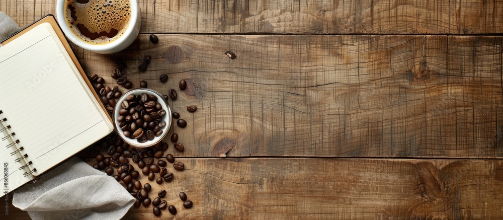 Aufkleber desk with a notebook and coffee beans, seen from above, with copy space image.