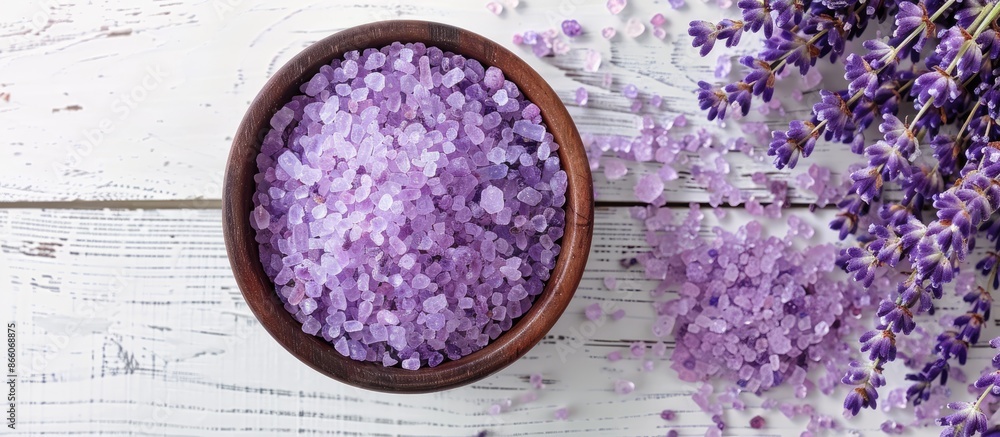 Poster a bird's-eye view of lavender sea salt crystals in a bowl on a white wooden surface, offering space 