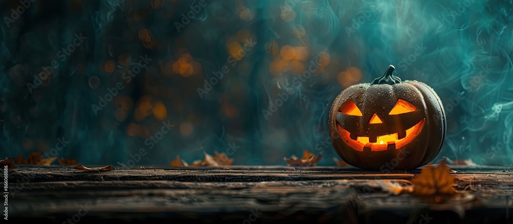 Aufkleber spooky luminous pumpkin on rustic wood table against dark backdrop, ideal for halloween theme with c