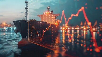 Oil tanker ship in a port with a rising price graph overlay, global trade, transportation costs, economy