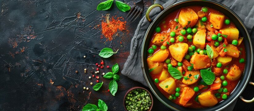 An image featuring a traditional Indian dish known as Aloo Matar, a curry made with potatoes, peas, and various cooking ingredients, with ample copy space for text or design elements.