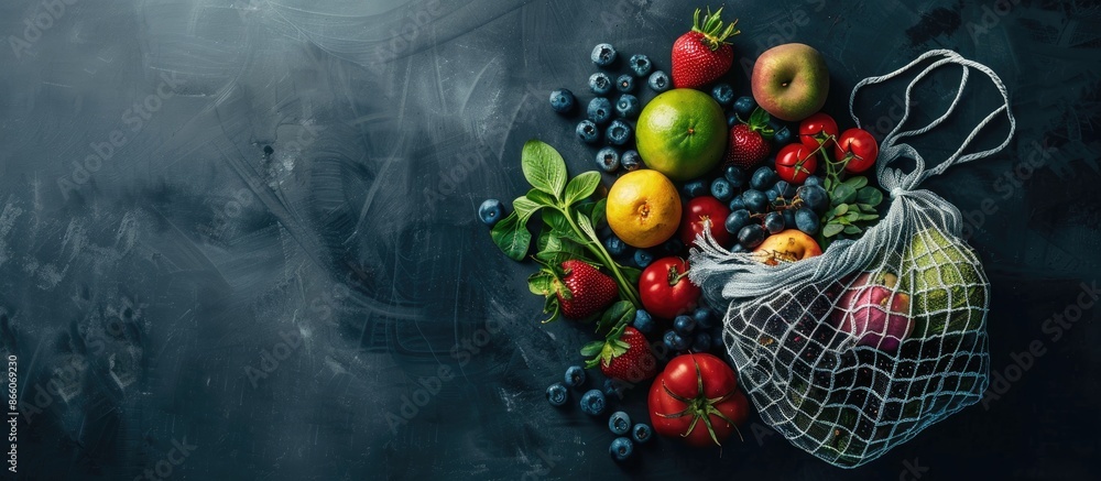 Poster Top view of fresh fruits and vegetables in an elegant mesh bag, with a blank space for images. Copy space image. Place for adding text and design