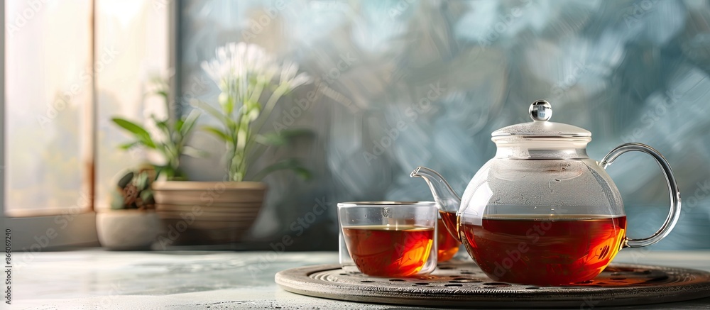 Poster tea brewing on the table, showcasing a copy space image.