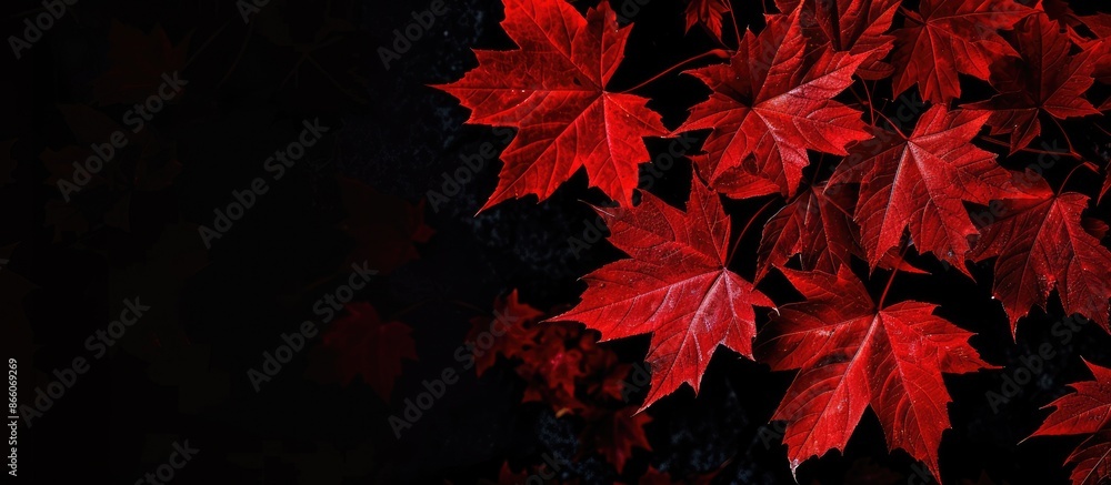 Poster Beautiful red maple leaves illuminated during a nighttime light show, with abundant copy space for images.
