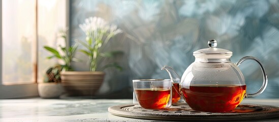 Tea brewing on the table, showcasing a copy space image.
