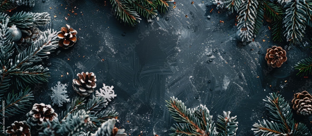 Poster top view of a festive winter-themed background with fir twigs, ornaments, and snow-covered cones on 