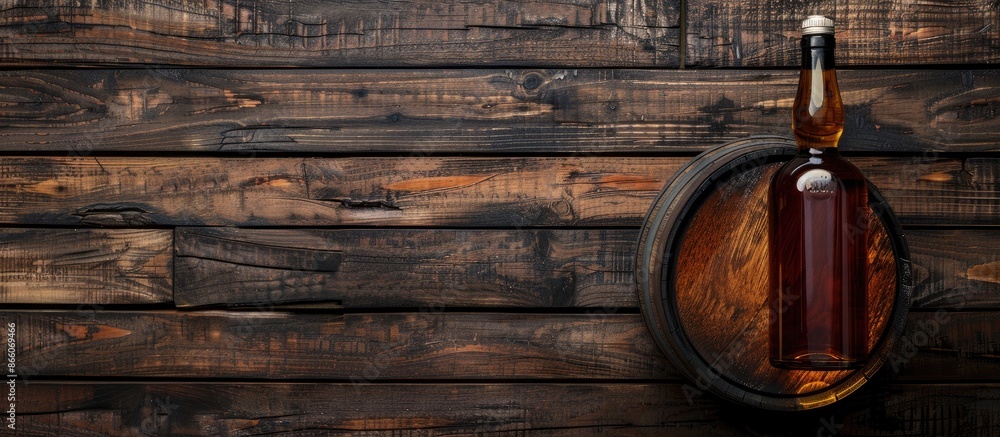 Poster Top view of a bottle of rum, cognac, or whiskey on an aged wooden barrel, creating a flat lay image with ample copy space.