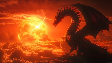 Majestic Dragon Silhouette Against Fiery Dramatic Sky at Sunset