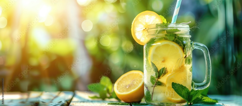 Poster mason jar glass filled with lemon lemonade and a mojito cocktail with lemon and mint on a table back
