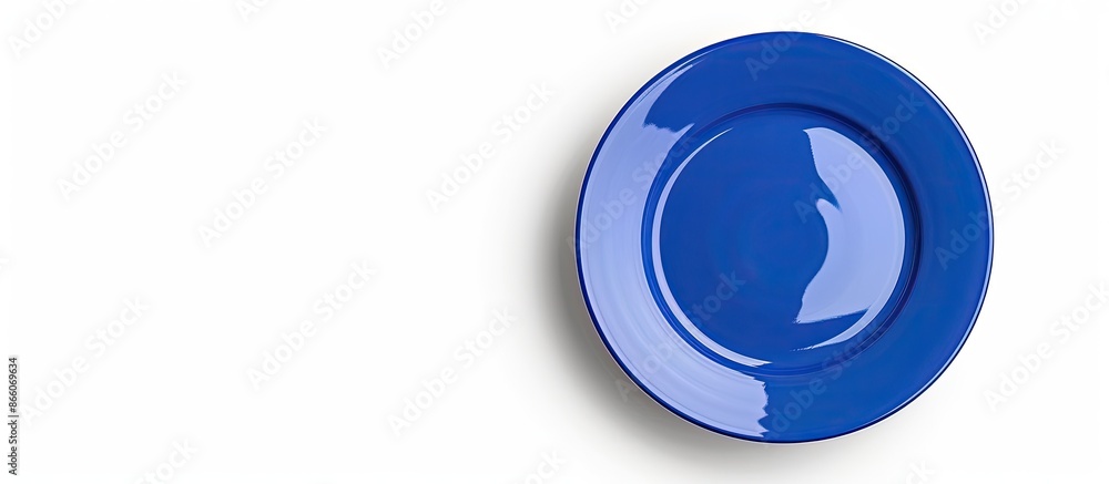 Poster circular blue plate positioned on a blank white backdrop with available copy space image.