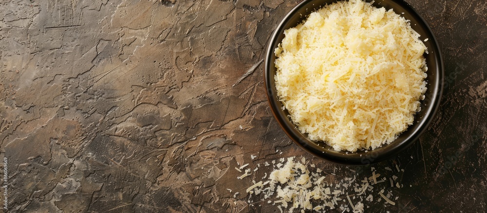Poster top-down shot of grated parmesan in a bowl with a copy space image available.