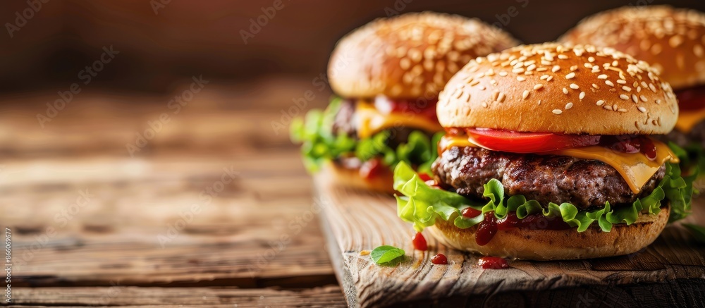 Poster close-up side view of homemade cheeseburgers on a wooden board with copy space image available.