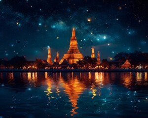 Obraz premium Breathtaking Night Scene of Illuminated Wat Arun Temple Reflected in the River in Thailand