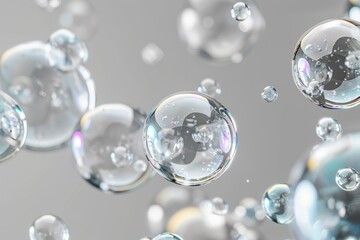 Against a gray background, soap bubbles float, fly, and hover