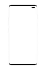 Smartphone Galaxy S10 mockup. Modern mobile phone front view with blank screens isolated on transparent background. Vector