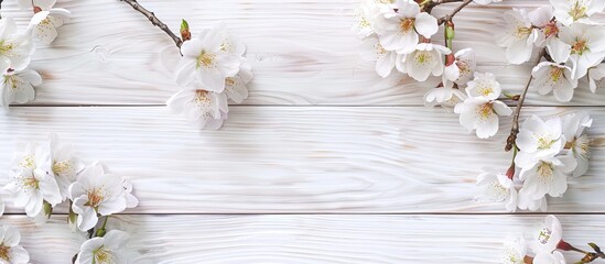 White wood background with an elegant cherry blossom spring copy space image.