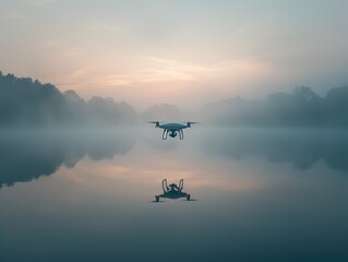 Drone flying over a serene misty lake at tranquil dawn with mirrored reflection