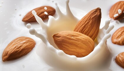  almonds floating in a splash of milk on a white background, almond milk concept