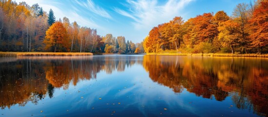 Obraz premium Autumnal trees reflecting their colors in a lake with copy space image.