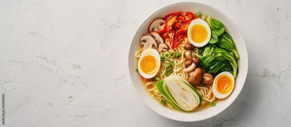 Poster top-down view of a white bowl containing ramen noodle soup with eggs, mushrooms, and pak choi on a l