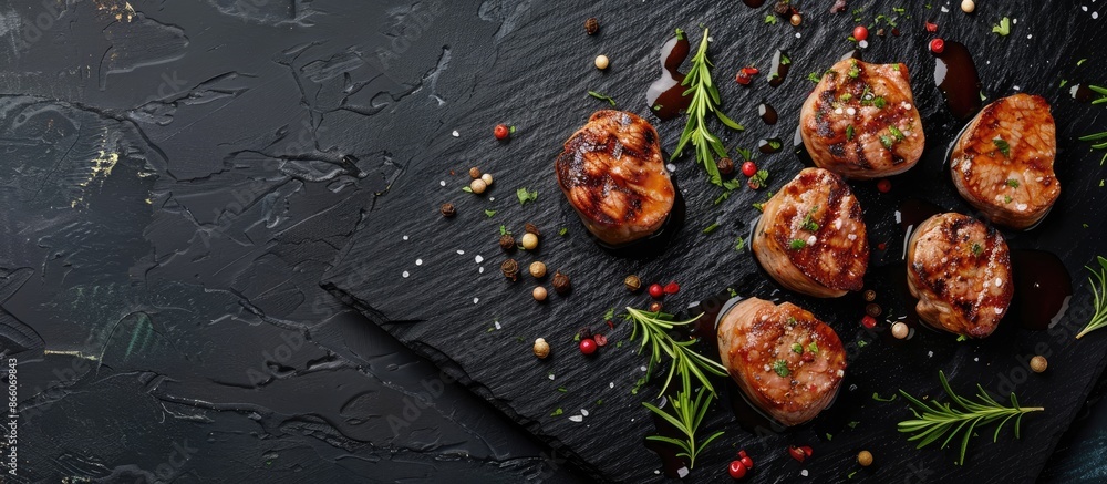 Aufkleber top view of bbq grilled pork medallions and tenderloin fillet on a black background with ample copy 