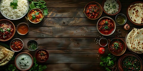 Aerial view of assorted Indian dishes on a rustic backdrop. Concept Food Photography, Indian Cuisine Showcase, Aerial View Styling, Rustic Background Setting