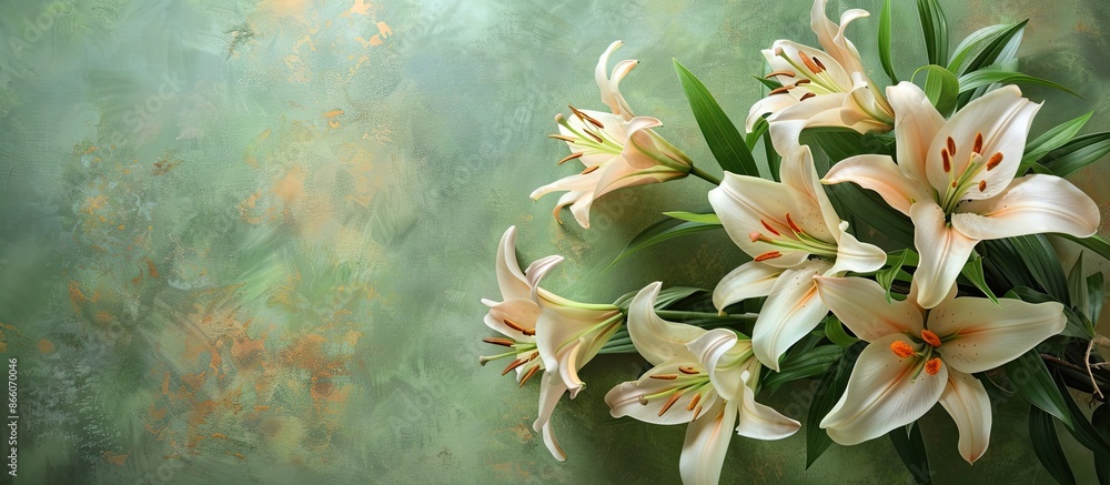 Poster top-down view of a floral arrangement featuring lilies in a serene composition with a postcard mocku