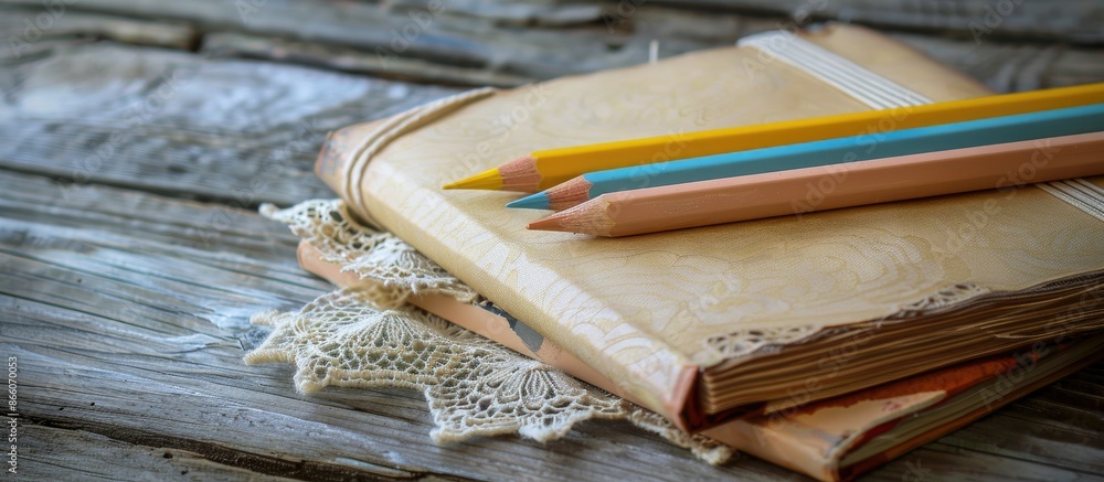 Poster notebook with lace, pencils on wood background with copy space image.