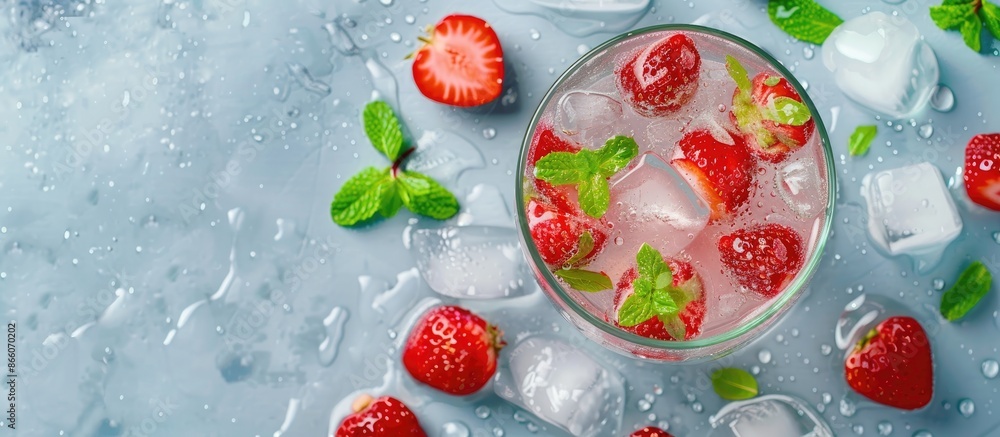 Poster top-down view of a refreshing summer drink featuring strawberries, ice, and mint, along with a vacan