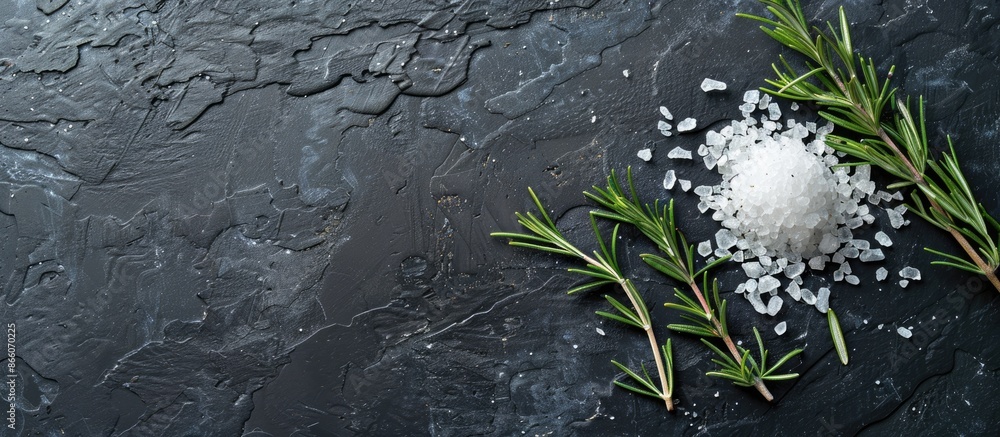 Fototapete Image with salt and rosemary on a dark surface with empty space for text. Copy space image. Place for adding text and design