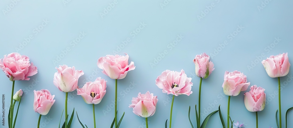 Poster flat lay view of pink flowers arranged on a soft blue backdrop with copy space image.